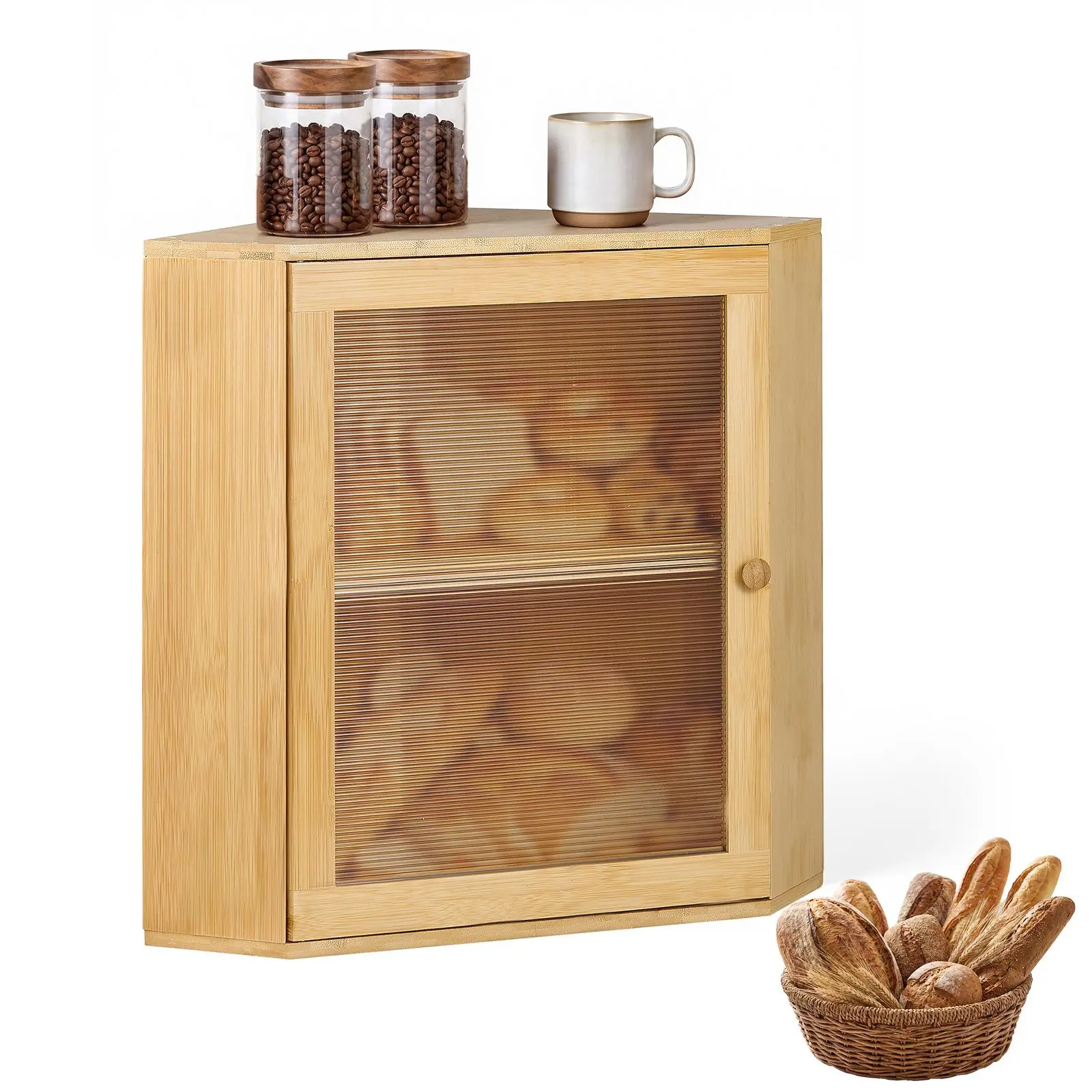 VEVOR Corner Bread Box for Kitchen Counter Bamboo Wood Container Natural, for Homemade Bread, Under Cabinet, and Pantry, Double Layer Farmhouse Breadbox Bin, with Acrylic Door Panel and Air Vents