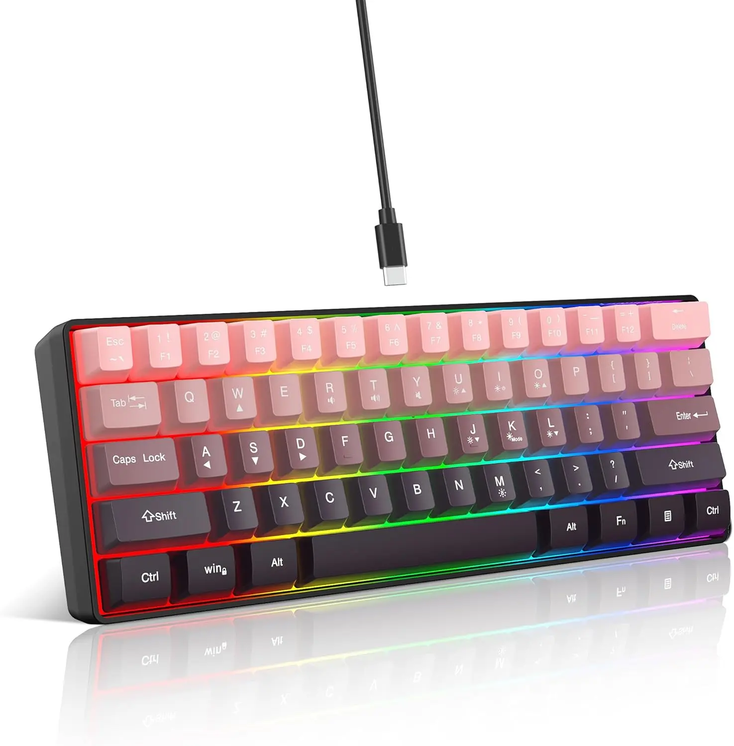 Snpurdiri 60% Wired Gaming Keyboard, 61 Keys RGB Backlit Ultra-Compact, Ergonomic Pink-Black Keyboard with USB Type-C Connection for PC/Mac, Travel & Business