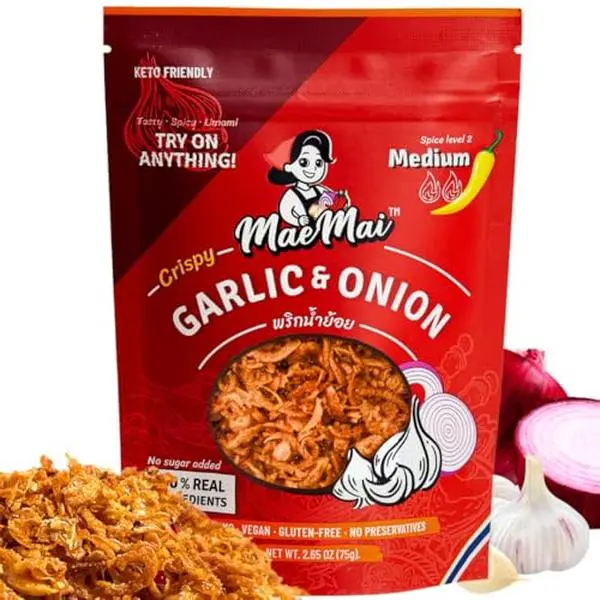 MaeMai Medium Spice (SPICY) - Crispy Onions & Garlic Flakes - Crunchy All-Purpose Seasoning, Keto, Salad Toppings, Fried Onions - Ramen, Rice Seasoning, Vegan, Gluten-free | 3.17oz (90g)