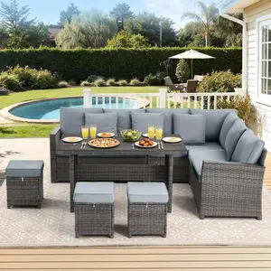 7-Piece Patio Furniture Set, Outdoor Sectional Sofa with Dining Table & 3 Ottomans, PE Rattan Patio Conversation Set for Garden, Poolside & Backyard
