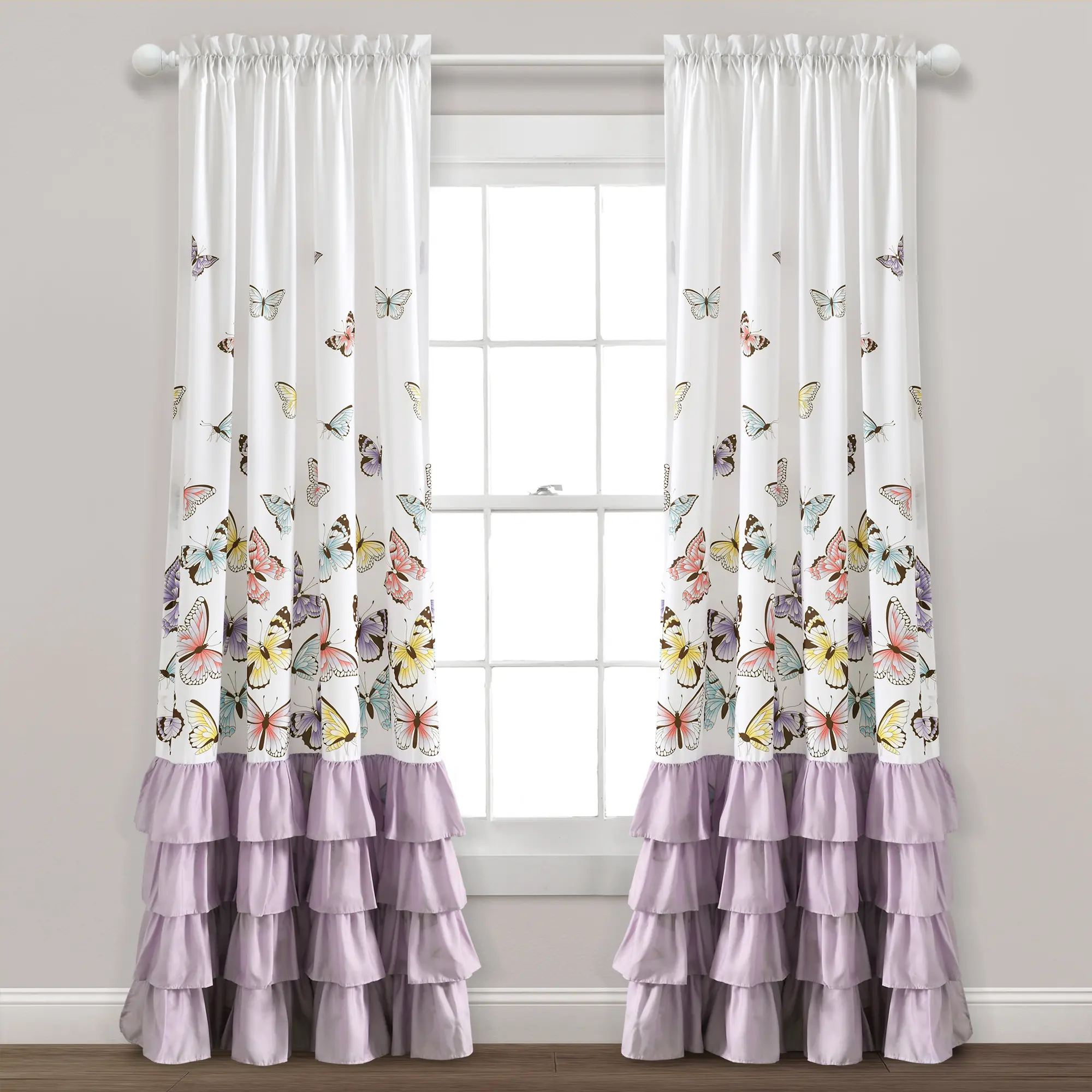 Lush Decor Flutter Butterfly Window Curtain Panels 2Pc Set for Girls Bedroom - Animal Print, Ruffle Design, Light Filtering, 52 Inches Wide, Multiple Length Options, Microfiber Fabric, Easy Care, Bedroom Decor, Curtains For Bedroom