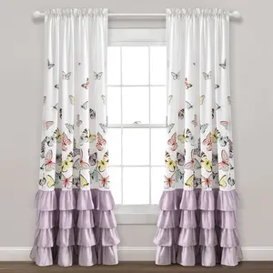 Lush Decor Flutter Butterfly Window Curtain Panels 2Pc Set for Girls Bedroom - Animal Print, Ruffle Design, Light Filtering, 52 Inches Wide, Multiple Length Options, Microfiber Fabric, Easy Care