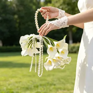 【Mother's Day】Silvanest 20pcs Calla Lily Pearl Cascade Bridal Bouquet with Pearl Arch Handle, Elegant Wedding Bouquet for Bride, Wedding Ceremony Flowers