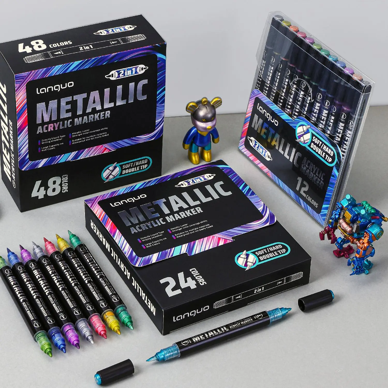 Double-Ended Metal Paint Markers, Soft/hard Tips, Multi-Color Thick & Thin, Acrylic Markers for Rock Art, Canvas, Wood, Glass, Metal, Stone, Ceramic, Art Pen Marker, Dual End Marker