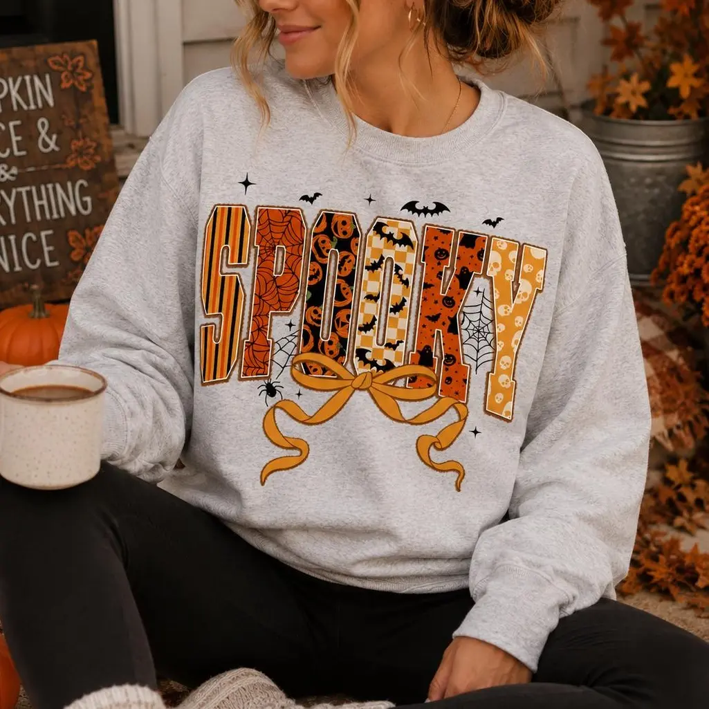 Spooky Season Sweatshirt, Halloween Bow Sweatshirt, Cute Ghost Pumpkin Crewneck, Coquette Halloween Sweatshirt, Fall Graphic Sweatshirt, Cozy Autumn Pullover, Women's Halloween Gift, Trendy Spooky Season Shirt -DPCLICK