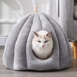 Cute Pumpkin Cat Cave Bed - Soft Faux Fur House with Removable Cushion | Warm Sleeping Nest for Indoor Cats & Small Breed Dogs
