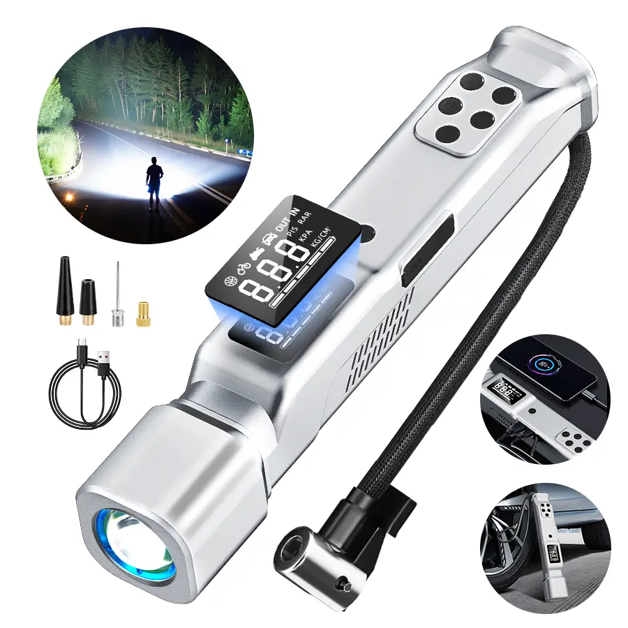 3-in-1 Cordless Air Compressor - Tire Inflator with Gauge, Vehicle Tire Inflator, LED Flashlight, Digital Display, USB Rechargeable Large-Capacity Battery for Emergency Tools, Outdoor Camping