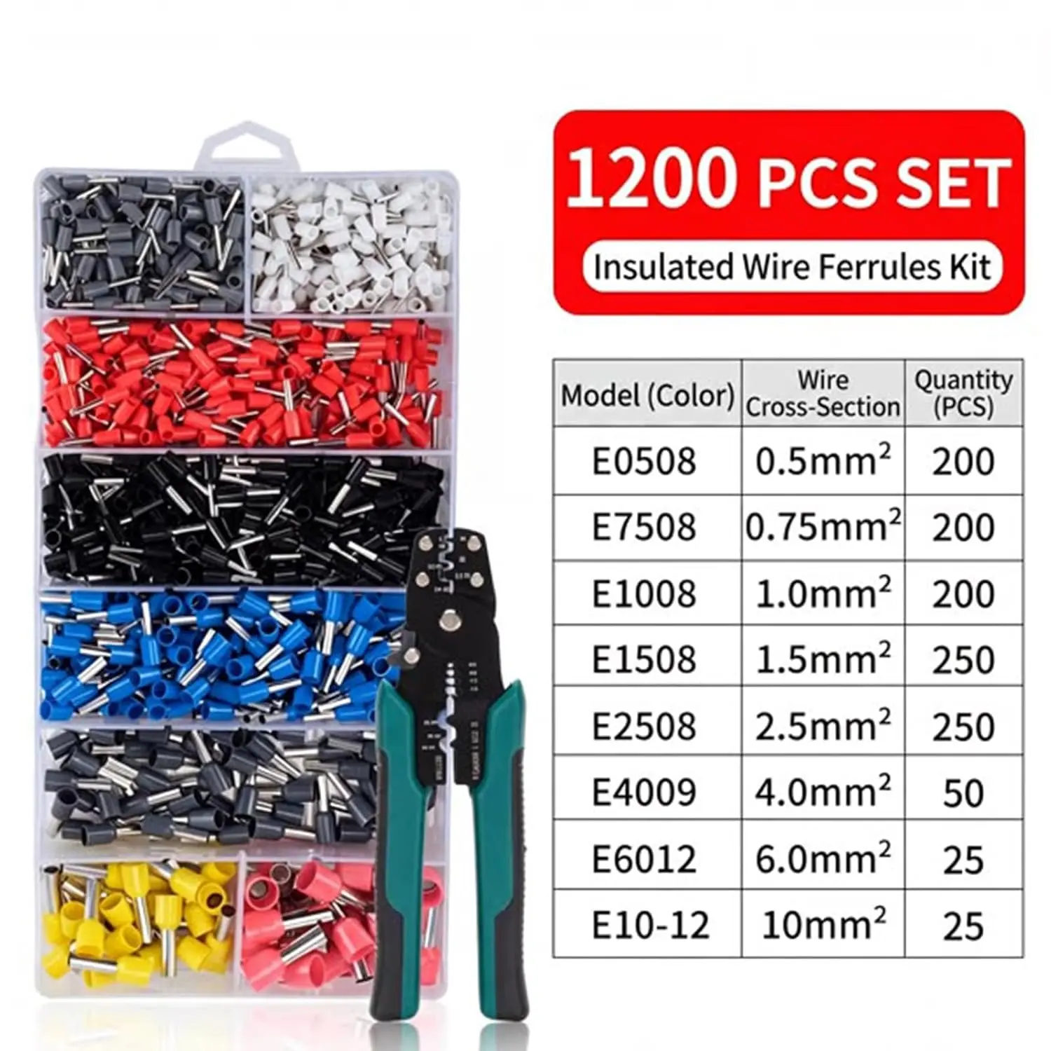 1200PCS Ratchet Self-Adjusting Ferrule Crimping Pliers Kit, Electrician Hand Tool with Assorted Wire End Terminals for Wires (AWG 23-7)
