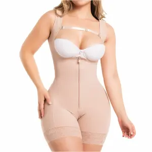Fajas Salome 217 La Original | Colombian Powernet Bodysuit High Back Posture Support | Postpartum + Daily Tummy Control | Front Zipper Removable Straps Mid-Thigh — Made in Colombia