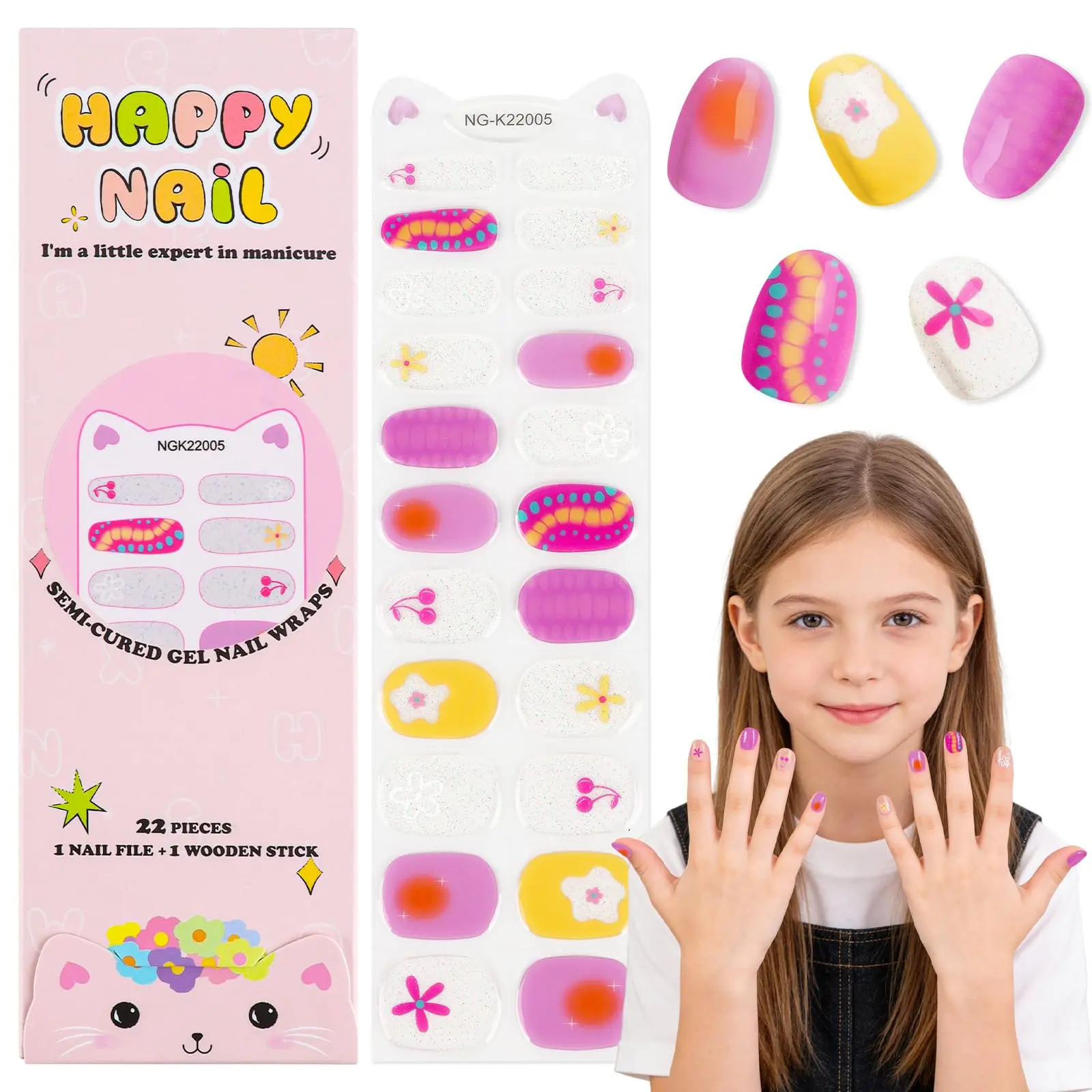 EBANKU Kids Gel Nail Polish Strips Cute Semi-Cured Nail Art Wraps for Girls | Fun Designs Gel Nail Stickers for Home Nails DIY