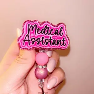 Medical Assistant Badge Reel - Pink Glitter Design with Beaded Charm for Healthcare Professionals
