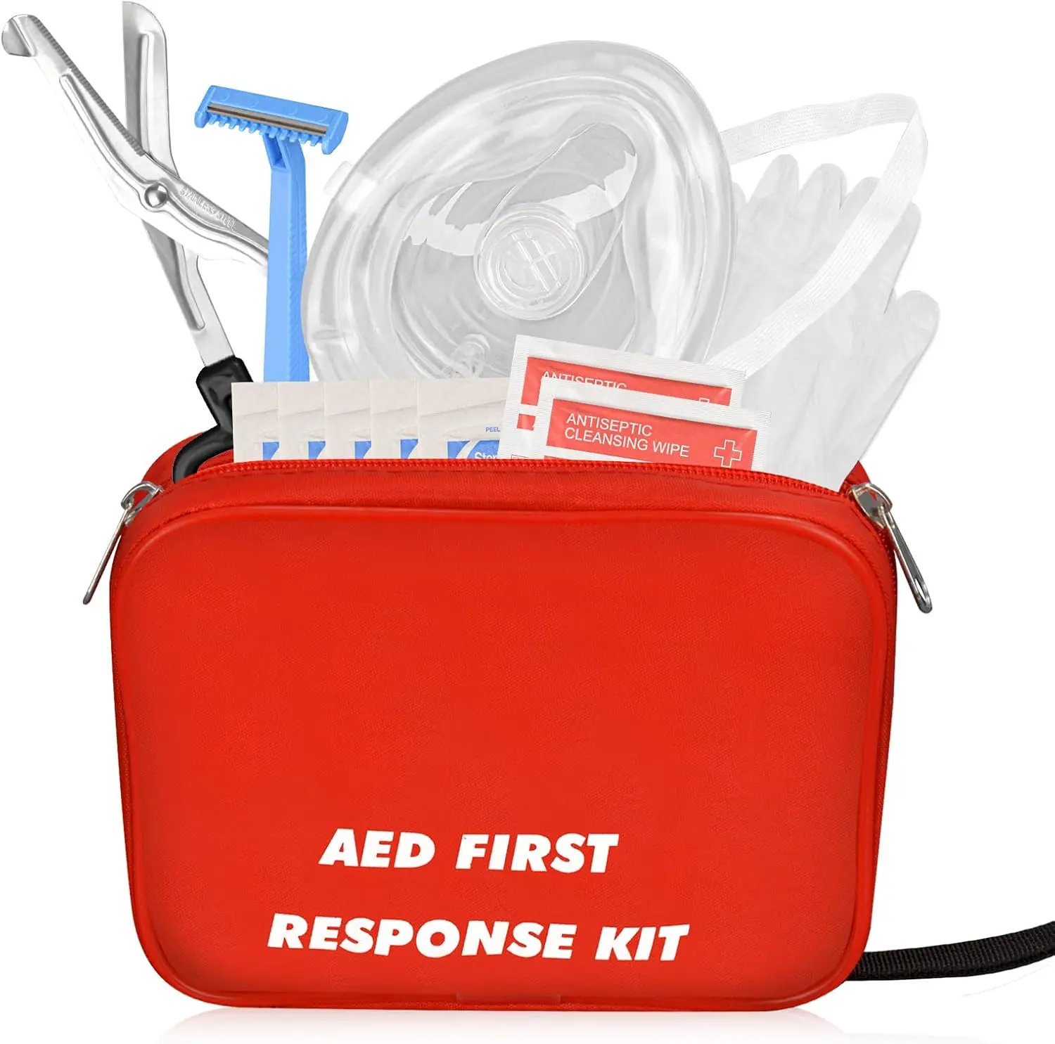 Nylon AED Training First Aid Kit with CPR Supplies, Gloves, Razor, Scissors, Gauze Pads, and Cleansing Wipes