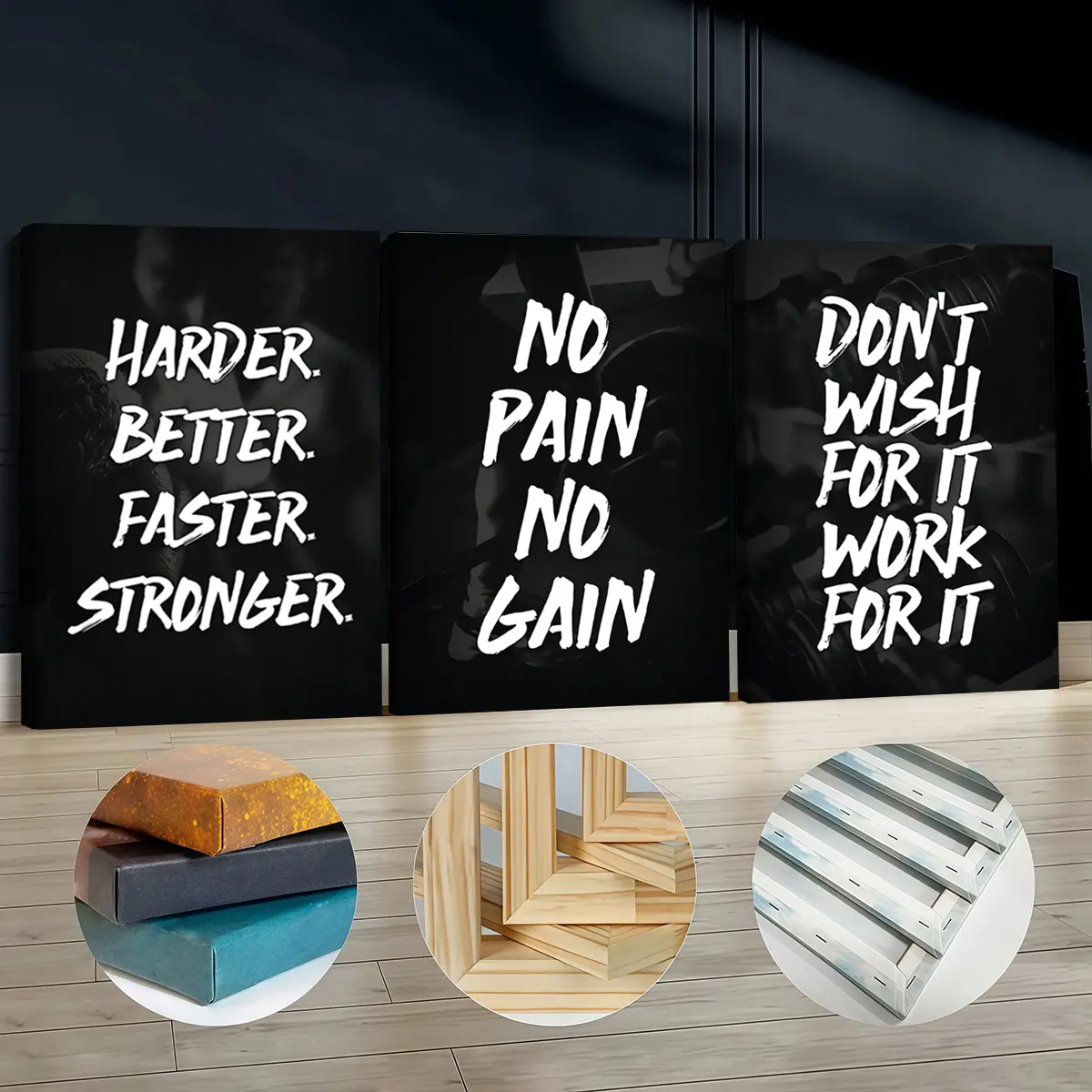 3Pcs Pine Wood Framed Canvas Print, 30x40cm(11.8x15.7inch) Gym Fitness Quote Wall Art, Waterproof Odorless Indoor Decor for Fitness Enthusiasts, Living Room, Kid Room, Quote Texts