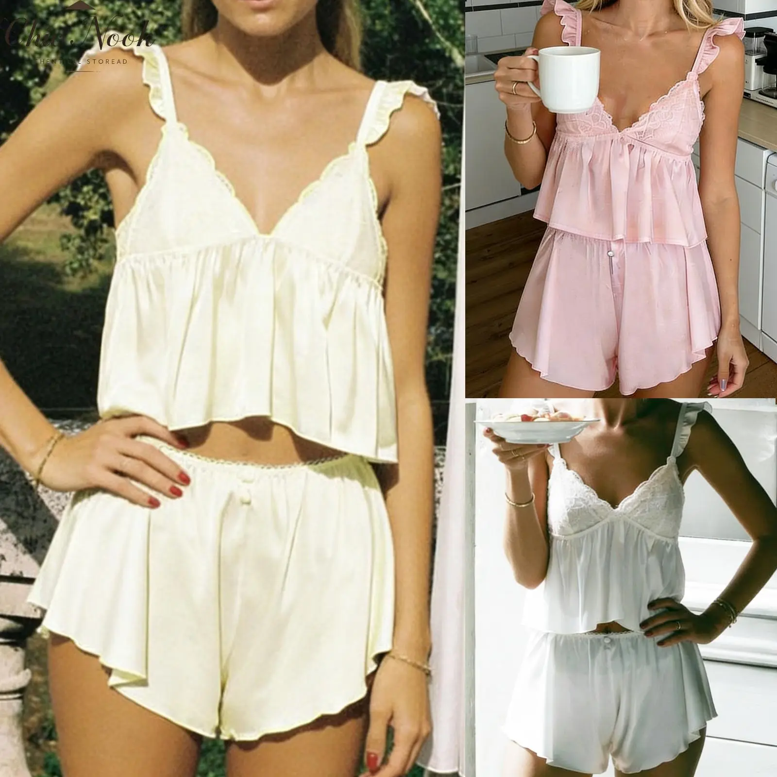 Women's Pajamas Set 2 Piece Ruffle Lace Patchwork Pj Soft Tank Top and Shorts Sleepwear Set Bridal Pajama for Women Set
