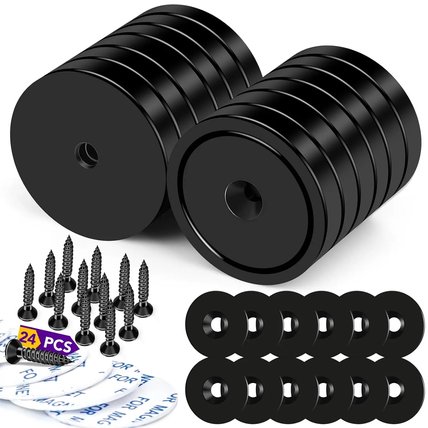 150Lbs Rare Earth Magnets, 12 Pack Strong Neodymium Cup Magnets with Holes for Tool Room, Heavy Duty Magnets with Adhesive Backing for Hanging, Extra Disc Magnets with Screws for Wall Mounting