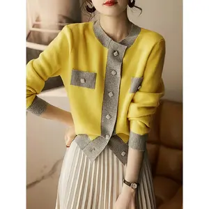 Plus Size Color Block Button Front Cardigan, Casual Long Sleeve Crew Neck Knit Cardigan for Fall & Winter, Women's Plus Size Clothing, Plus Size Cardigan