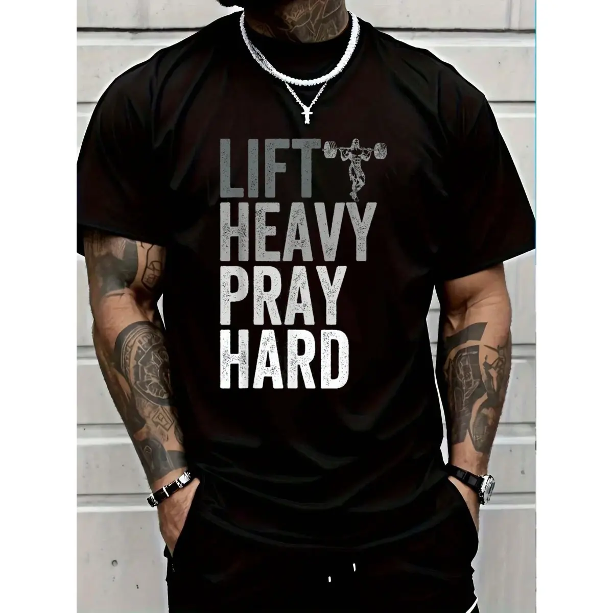 Casual Graphic T-Shirt for Men, Lift Heavy Pray Hard Christian Faith Print, 100% Cotton Short Sleeve Streetwear Gym Top