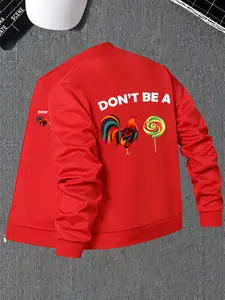 Men's Regular Fit Rooster Print Zip Up Hooded Jacket, Casual Long Sleeve Stand Collar Outerwear for Spring & Fall, Fashion Men's Clothes for Daily Wear, Coats