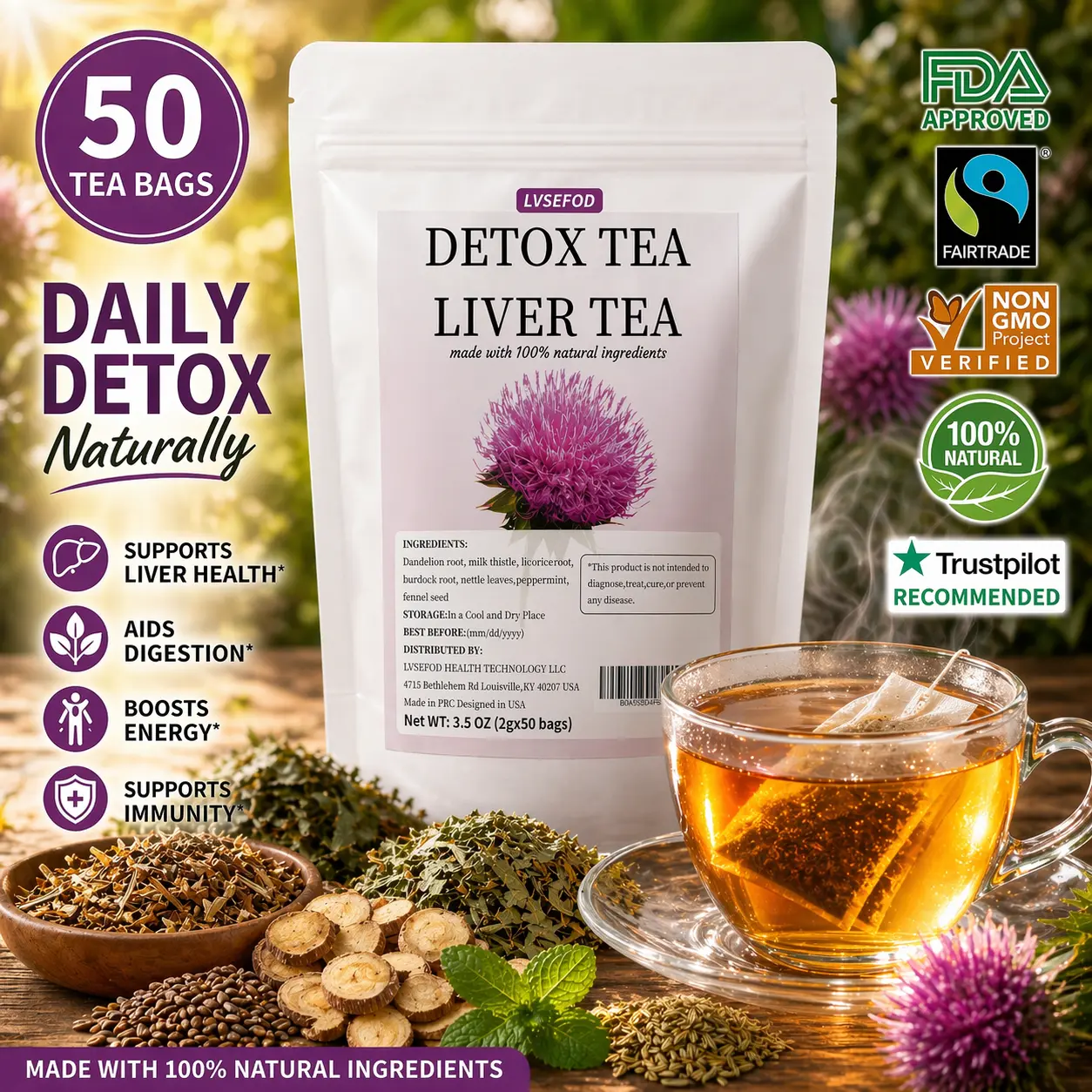 LVSEFOD  Premium Liver and Kidney Cleanse Detox Tea Dandelion Root Licorice Root Peppermint Burdock Root Nettle Leaf 50 Tea Bags 3.5 oz Herbal Cleansing No Caffeine Healthy Tea Bags