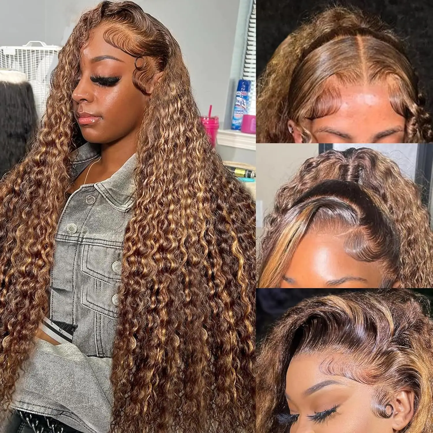 13x6 Honey Blonde Ombre Highlight Lace Front Wigs Human Hair 30 Inch Deep Wave Human Hair Wig For Women Natural and Soft Wet and Wavy HD Full Lace Frontal Glueless Wig