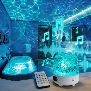 Rechargeable Bluetooth Shower Light Speaker with Ocean Wave Projection, 16 Color Changing LED Ambient Lamp with Remote Control, Dimmable Water Ripple Night Light for Bathroom, Bathtub, Bedroom, Spa, Meditation, Sleep and Relaxation Decor Mood Lamp