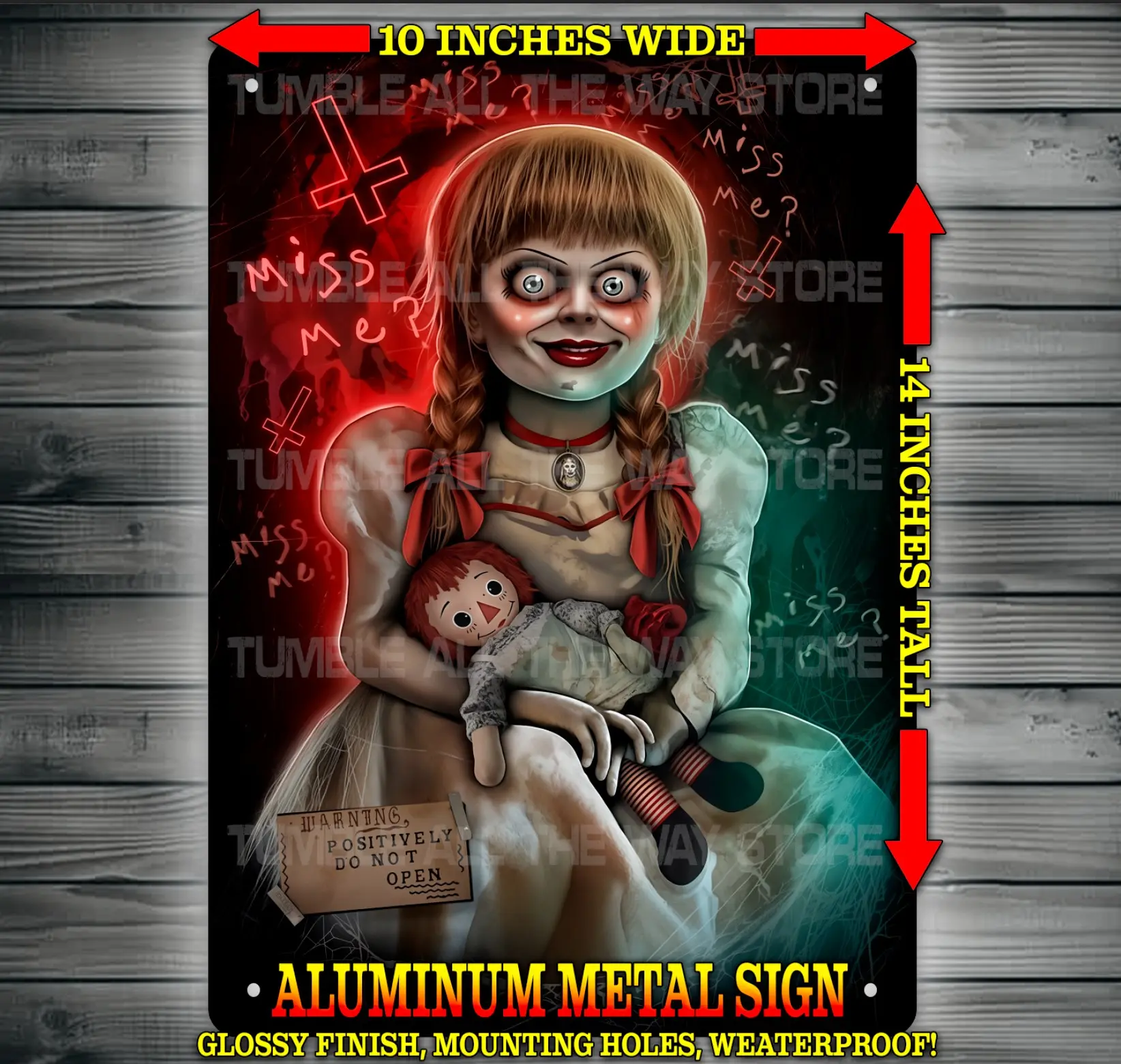 Annabelle Doll Horror Miss Me? Glossy Metal Sign Wall Art 10x14" Made from Aluminum, Comes with Mounting Holes, Weatherproof!