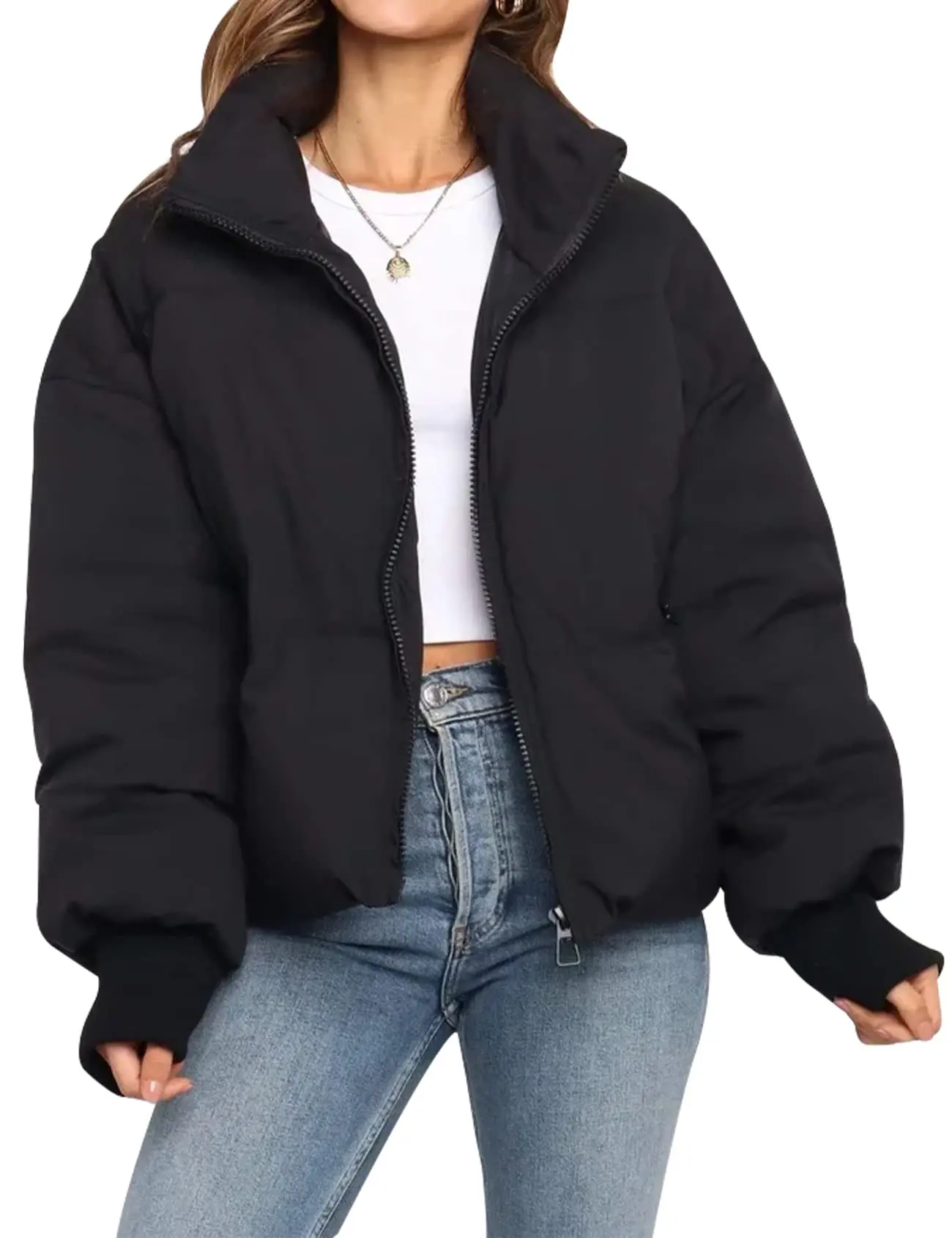 Yimoon Women's Elegant Stylish Short Cotton Jacket with Hood and Zipper Winter Jacket Women Winter Outerwear with Windproof Cuffs Warm Casual Thick Mujer Coat Long Sleeve Womenswear