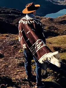 Western Cowboy Ethnic Style Unisex Travel Hoodie, Outdoor Warm Fringe Poncho Cape, Large Cloak for Men and Women, Casual Fashion Jacket, Outerwear