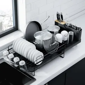 Large Dish Drying Rack - Extendable Dish Rack, Multifunctional Dish Rack for Kitchen Counter, Anti-Rust Dish Drainers with Cutlery & Cup Holders 19.2"-26.7" L x 12.9" W, Black