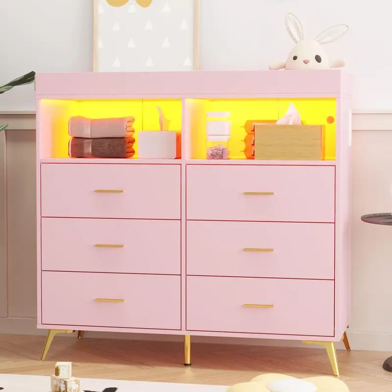 Gaomon 6-Drawer Bedroom Dresser with Baby Changing Table Top, Changing Pad, LED Lights, and Built-In Charging Station