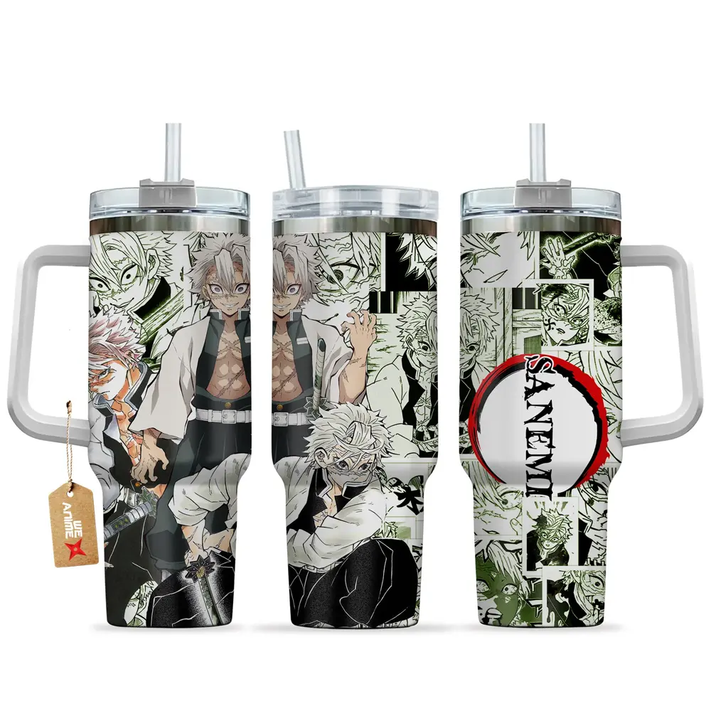 WexAnime - 40oz Sanemi Insulated Portable Beverage Flask - Double-Wall Vacuum Stainless Steel, Anime Design, Washable Leakproof Straw Lid with Black & White Cap & Handle, 12H Hot/24H Cold Retention, Valentine Gift Drinkware, Flasks