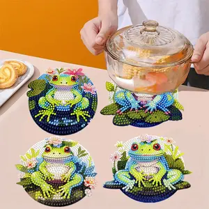 4-Piece Frog Pattern Wooden Diamond Placemats, DIY Crystal Diamond Art Heat-Resistant Table Mats, Mosaic Craft Kit Set