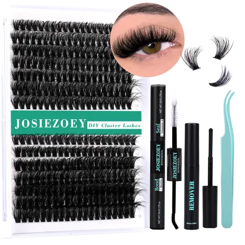 Josiezoey Luxury Fluffy Cluster Lashes Home Kit - 280 Pcs 60D+80D Korean PBT D Curl Clusters, 10-18MM Thick Lightweight Flared Wispy Style, Cosmetic Eyelash Bond Glue, Seal Remover, Tweezers, Waterproof, Easy to Remove, Salon-Quality Assured