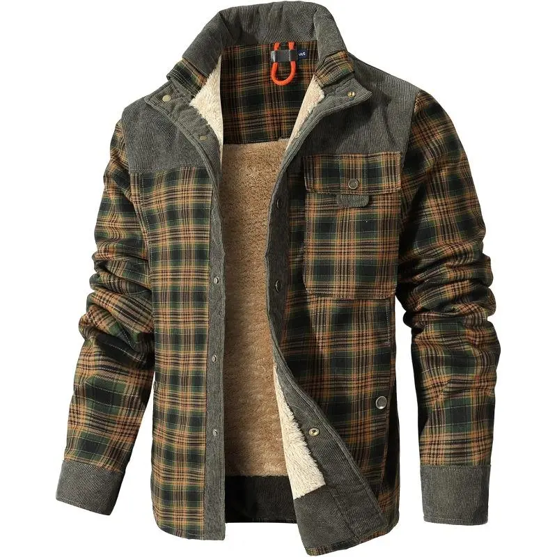 Men's Stylish Plaid Sherpa-Lined Flannel Coat - Casual Loose-Fit Long-Sleeve Collared Western-Style Sports & Outdoor Jacket
