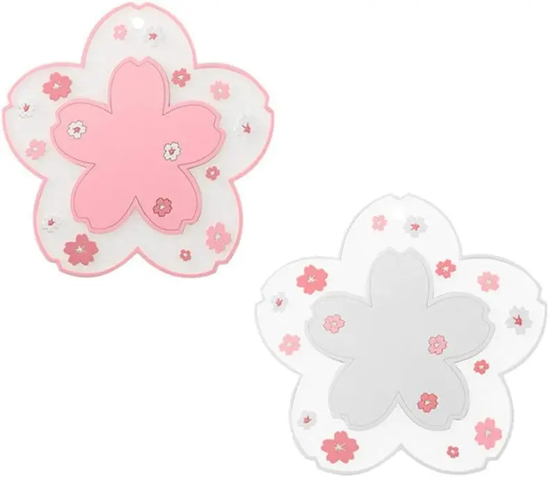 Coffee Cup Mat Kawaii Coaster 2PCS Cute Cherry Blossom PVC Home Tea Mug Pink Flower Pattern Anti-Skid Pot Bowl Pad Placemat for Desk Drink Table Decor Kawaii Accessories (Small)