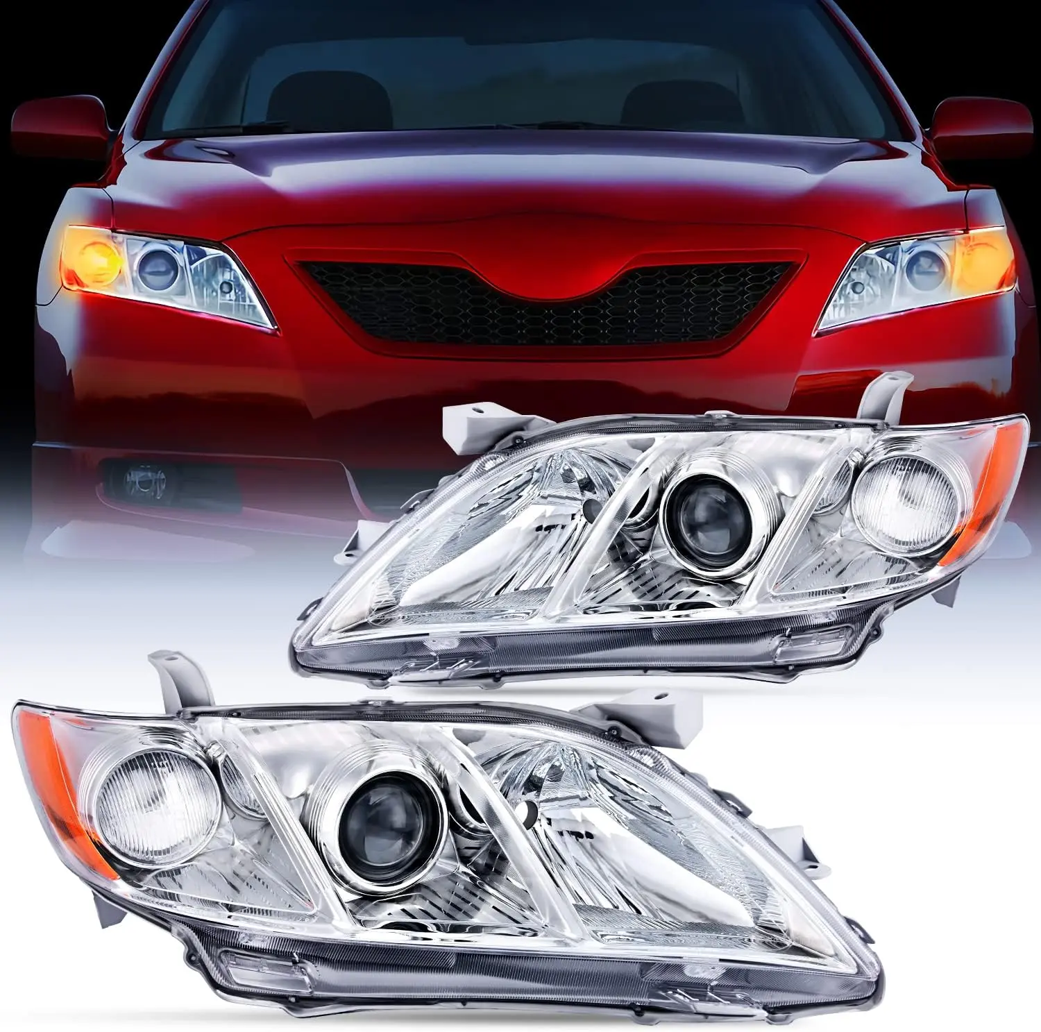 Nilight Vented Headlight Assembly - High Lumen Front Light Replacement for 2007-2009 Toyota Camry, Chrome Housing, Amber Reflector, Adjustable, IP65 Waterproof, Leakproof, Corrosion Resistant, Fog Free, Wide Illumination, Driver & Passenger Side