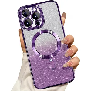 Magnetic Phone Cases for iPhone 17 Pro Max 16 15 14 13 12 11 Pro Max Plus  Magnetic Glitter Case Compatible with MagSafe,Camera Lens Protector Full Protection Elegant Anti-Scratch Dust-Proof Net Case Cover for iPhone 16 Pro Max Purple