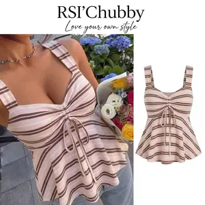 Women Plus Size Striped Tank Top Front Drawstring Ruched Sweetheart Neck Sleeveless Camisole Blouses Cute Casual Vacation Beach Going Out Tops