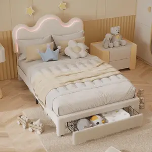 【Christmas Gift】White Queen Size Bed Bed Frame With Flower Headboard Upholstered Princess Bed Frame For Kids/Girls LED Platform Bed Frame With Drawers Strong, Solid Wood Slats Support,No Box Spring Needed, Easy Assembly