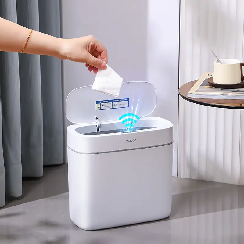 Joybos Silent Smart Sensor Trash Can (batteries not included), large capacity Eco-friendly automatic contactless nordic style trash can, sensor height 15-30cm, suitable for bathrooms, bedrooms, and offices, Nordic style, space-saving, human body sensor. c