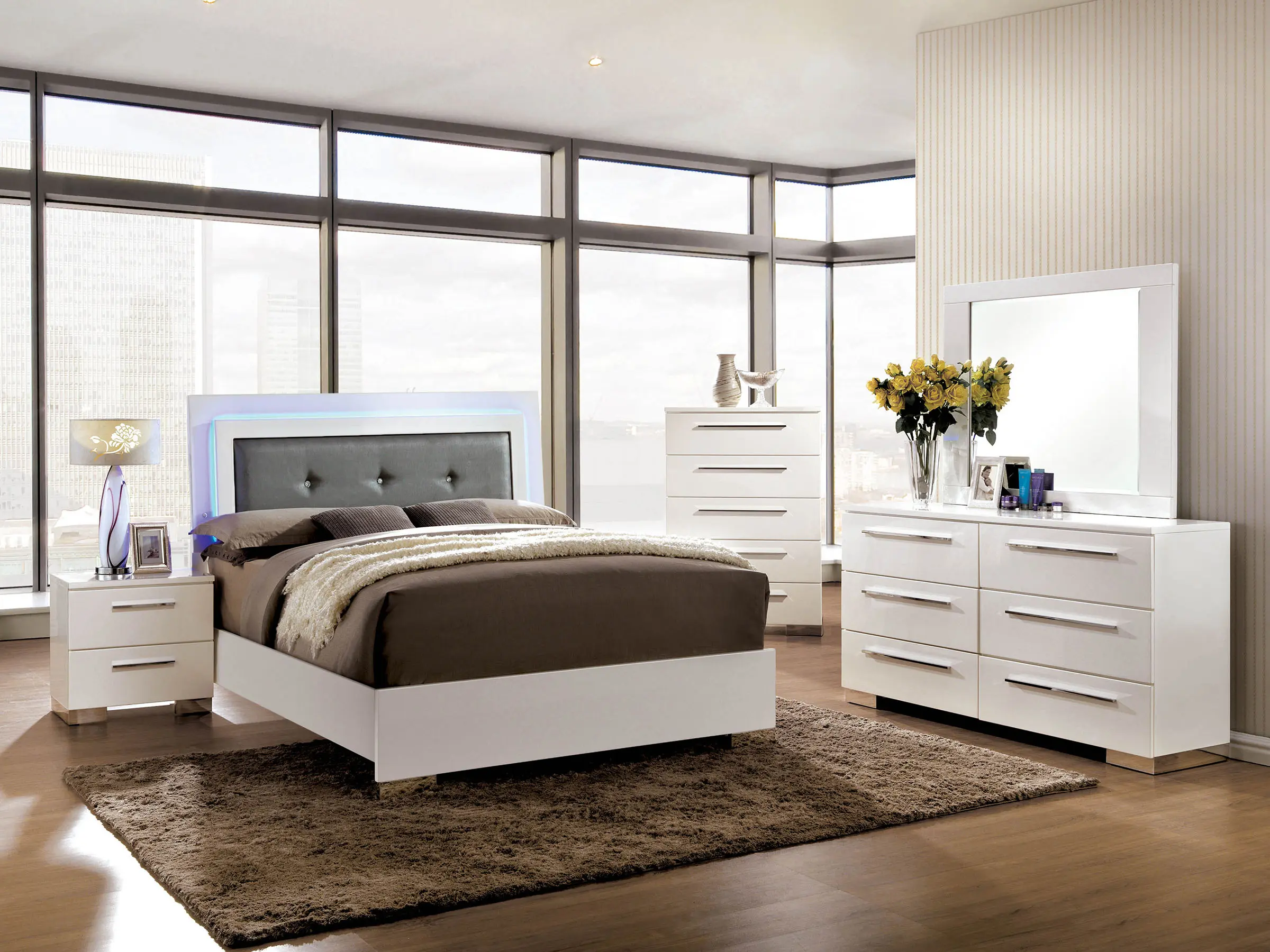 Clementine Modern 4-Piece Bedroom Set with LED Headboard and High-Gloss White Finish – Sleek and Contemporary Design