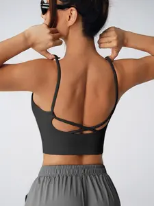 Women's Deep V Neck Criss Cross Backless Crop Top, High Elastic Nylon Fitness Yoga Underwear, Sporty Sleeveless Gym Tank Top, Gym Yoga Tops