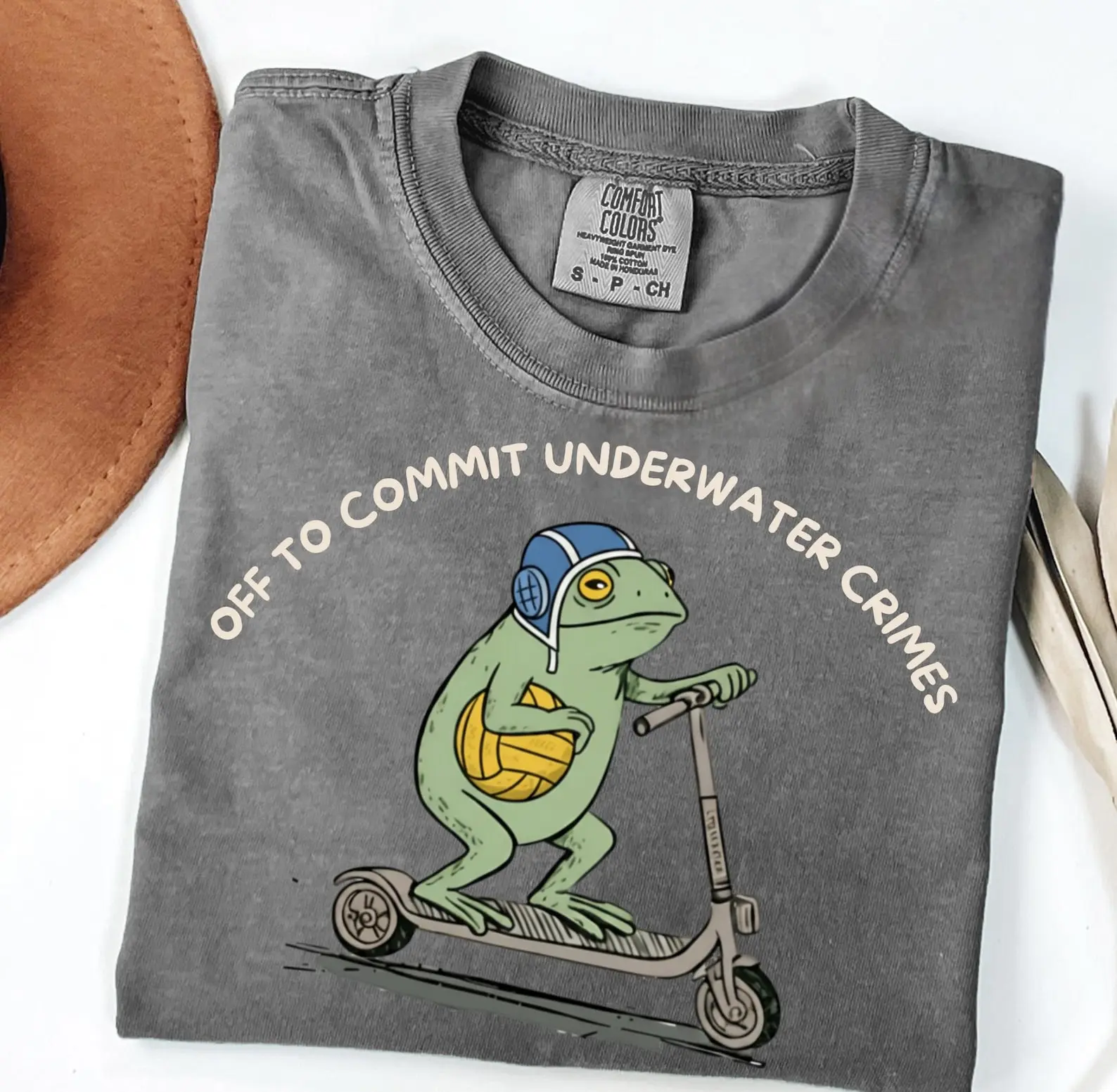 Underwater Crimes Comfort Colors T Shirt, Funny Frog Scooter Graphic Tee, Off to Commit Underwater Crimes Shirt, Quirky Humor Gift for Men and Women