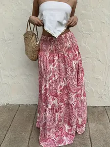 Women's Bohemian Print Drawstring Waist Long Dress, Perfect for Vacation and Casual Wear, Spring Summer Fashion, Skirt