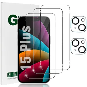 OuYteu 3+2 Pack Screen Protector Glass and camera lens protector for iPhone 15 Plus 6.7 inch,9H Hardness ultra HD Tempered glass and camera lens protector,Scratch Resistant,Easy Install,Case Friendly Accessories Cover Durable Protective Smartphone