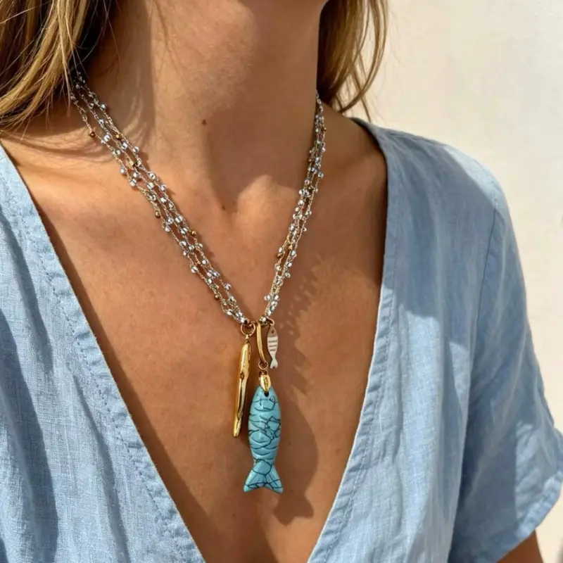 Unisex Coastal Harmony Multi-Fish Charms Necklace, Adjustable Extendable Chain, Casual Wear Costume Jewelry Accessory, Adjustable Chain