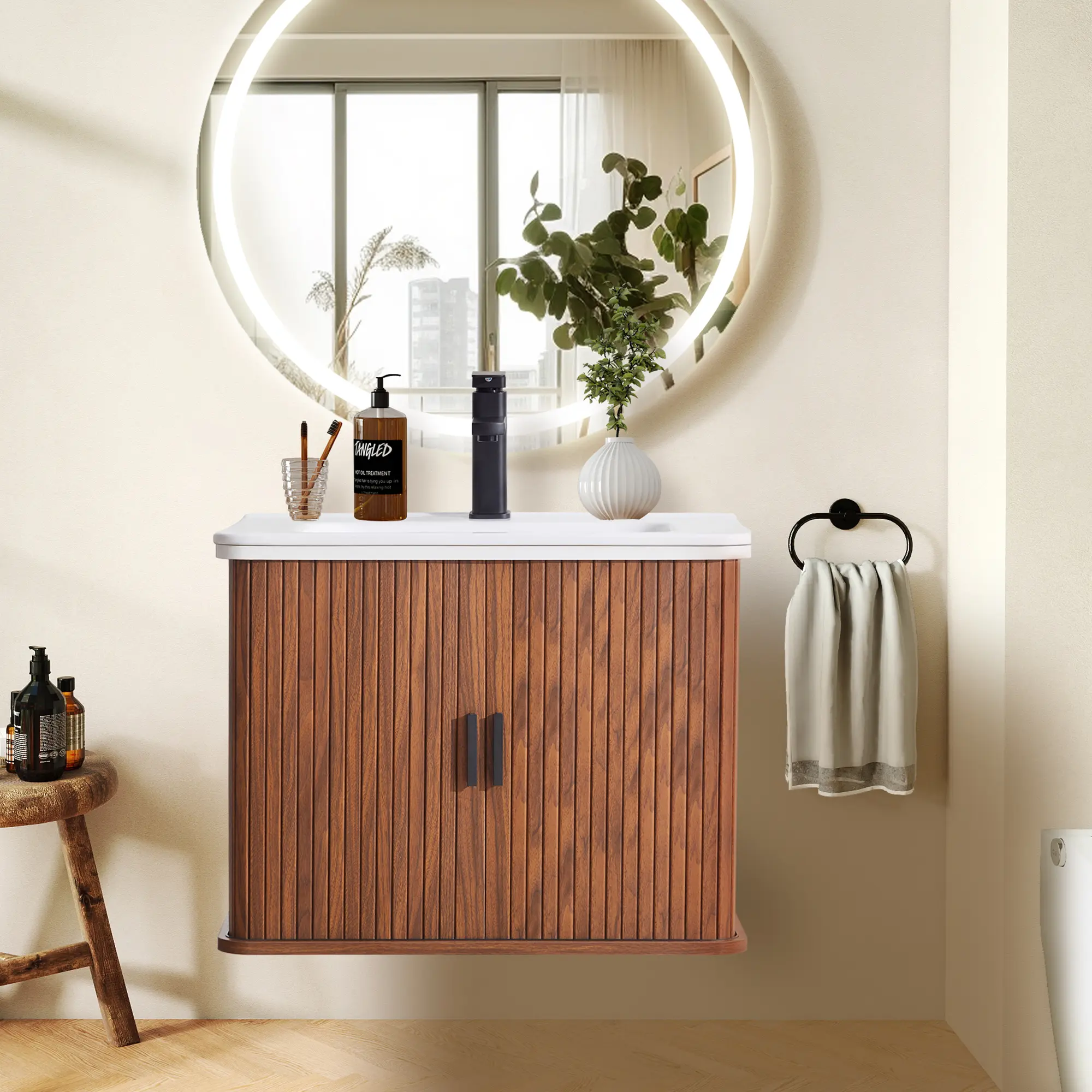 Giratree 24 Inch Floating Bathroom Vanity with Sink, Wall Mounted Bath Vanity Combo with Fluted Sliding Doors, Small Space Bathroom Cabinet with Ceramic Vessel Sink, Faucet & Drain Included