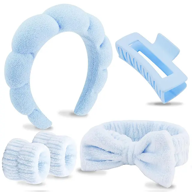 5PCS Spa Headband Wristband Bow Tie Hairband Hair Claw Set Soft Velvet Puffy Sponge Bubble Headband for Wash Face Facial Skincare Makeup Headband Set for Women Girls Hair Accessories