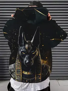 Men's Street Style Hoodie with Anubis Design, Long Sleeve Slim Fit, All over Print, Casual Artistic Look, Perfect for Daily Wear
