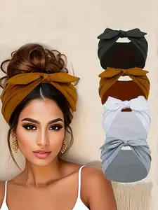 Oversized Rabbit Ear Hair Tie with Elastic - Soft Blend Yoga & Workout Headband, All-Season Sweatband Daily Headband for Women, 4 Colors (Black, Brown, White, Grey)